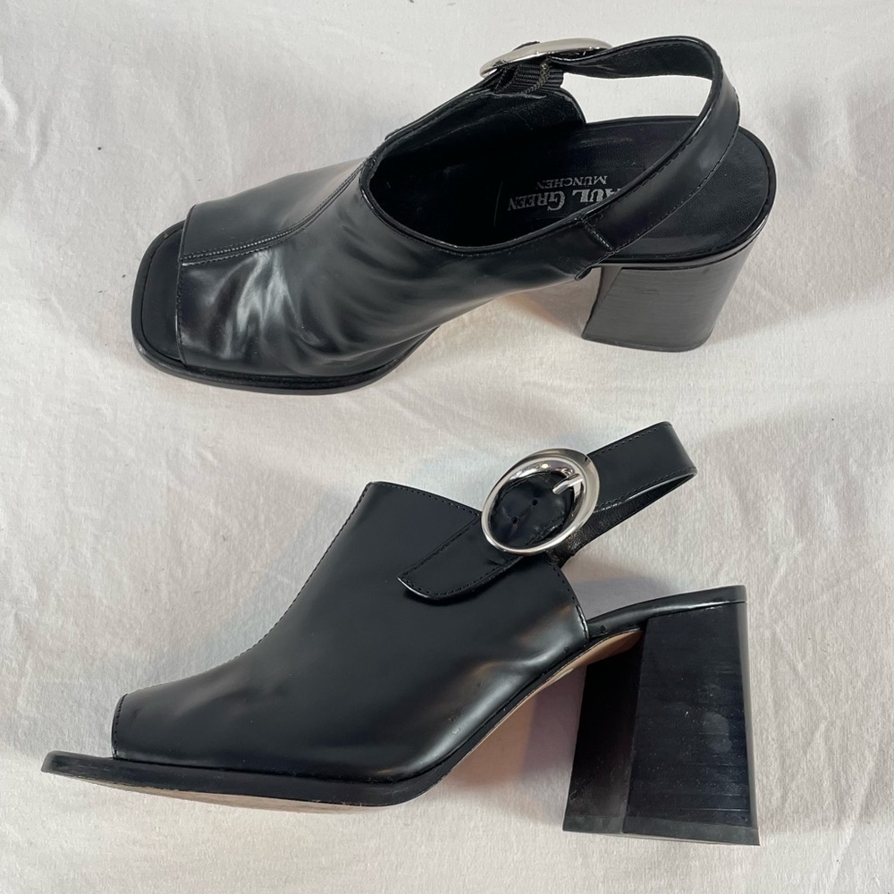 Y2K‎ Vintage Paul Green Open Toe Chunky Heeled Leather Shoe in Black Size 7.5